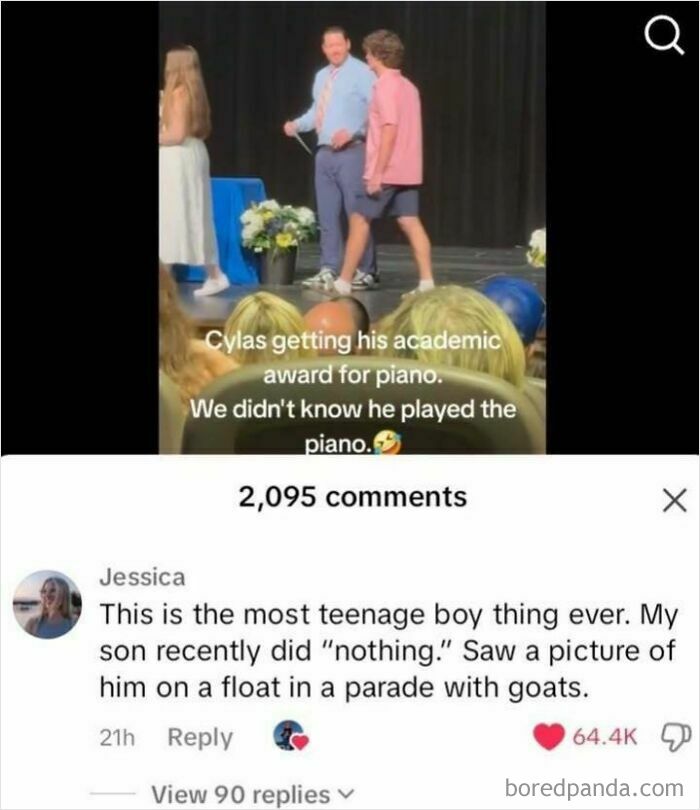 Teen boy receiving an academic piano award on stage with audience watching in a positivity-themed post.
