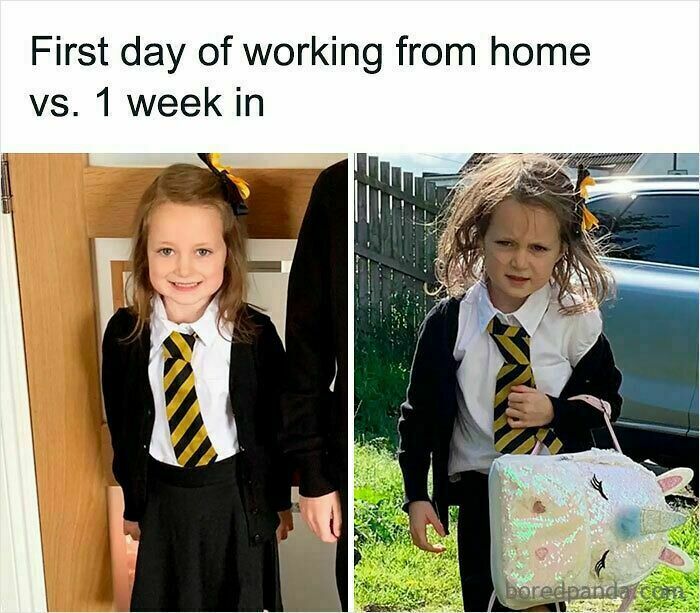 Child in school uniform smiling on first day of WFH and looking disheveled after one week, illustrating funny WFH memes.