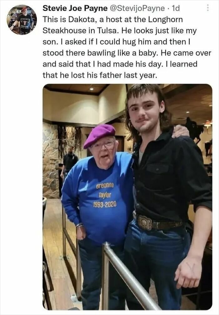 Heartwarming moment shared showing positivity and kindness between two men at a restaurant making someone's day better