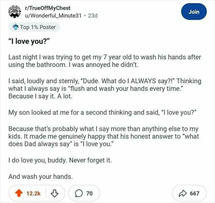 Reddit post sharing a touching parenting moment to boost positivity and brighten your day with heartfelt honesty.