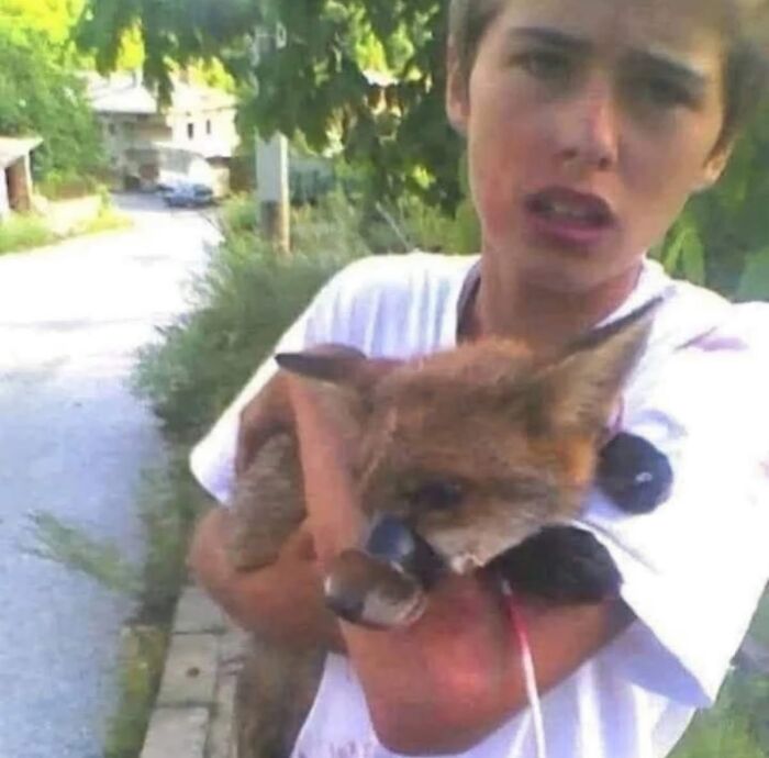 Boy holding a fox on a suburban street in the wonderful world, showcasing a wholesome and amazing moment.