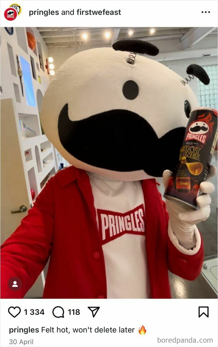 Pringles mascot holding a Hot Ones can in an office, one of the funniest things posted by official social media accounts.