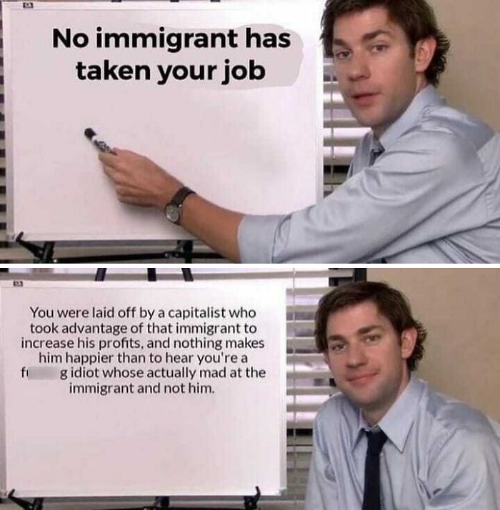 Man in office attire presents a philosophical meme on a whiteboard about jobs, capitalism, and immigrants to make you think.