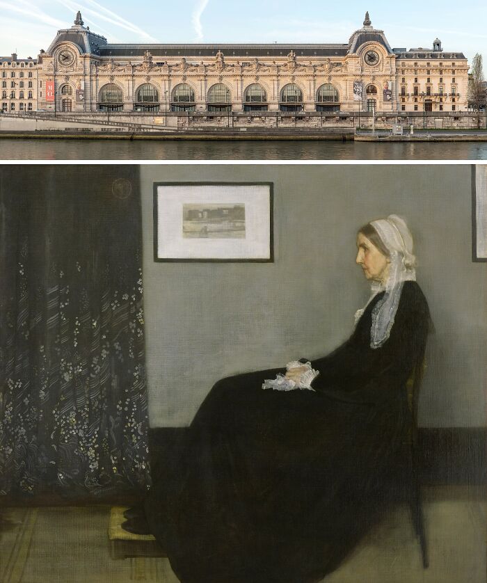Orsay Museum exterior and famous painting Portrait of the Artist's Mother showcasing locations of famous paintings.