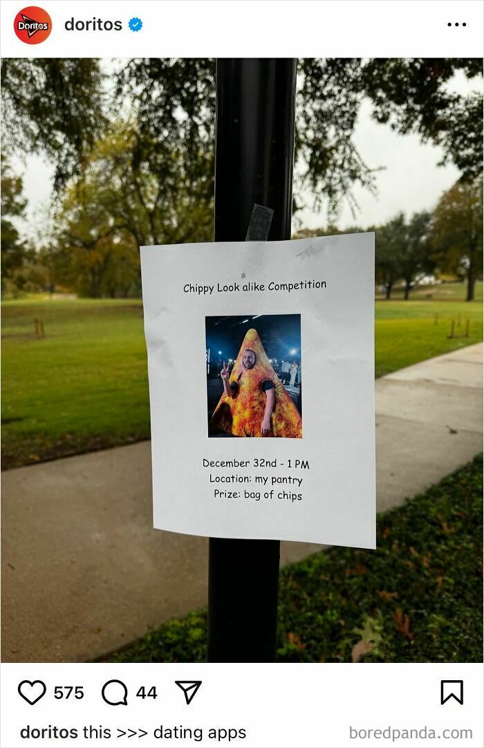 Official social media post showing a humorous Doritos look-alike contest flyer taped to a pole outside in a park.