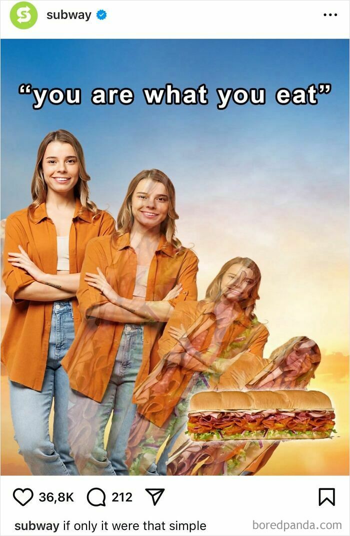 Young woman in orange shirt with fading sandwich layers, illustrating funny social media content about what you eat.