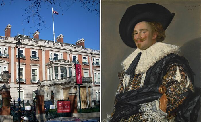 Famous painting displayed in a historic museum building under a clear blue sky, showcasing art locations.