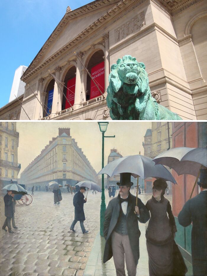 Top half shows the exterior of an art museum with statue, bottom half features famous painting of people with umbrellas, famous paintings locations.