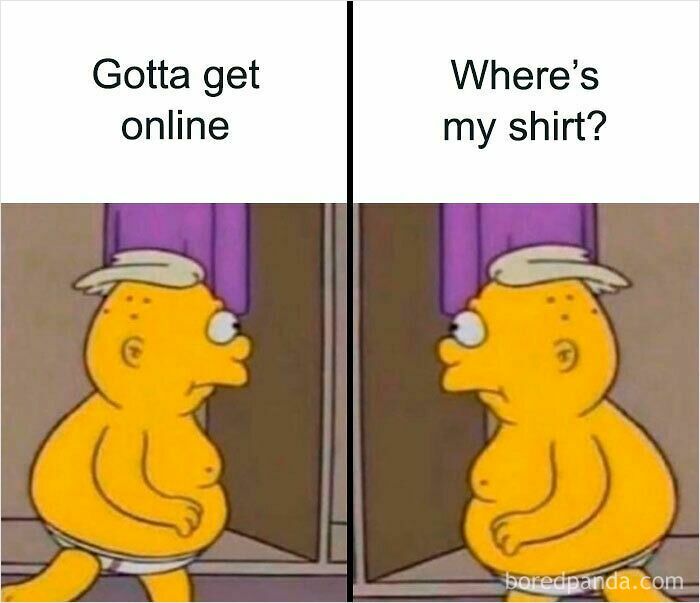 Cartoon character humor about working from home without wearing real pants, highlighting funny WFH memes.