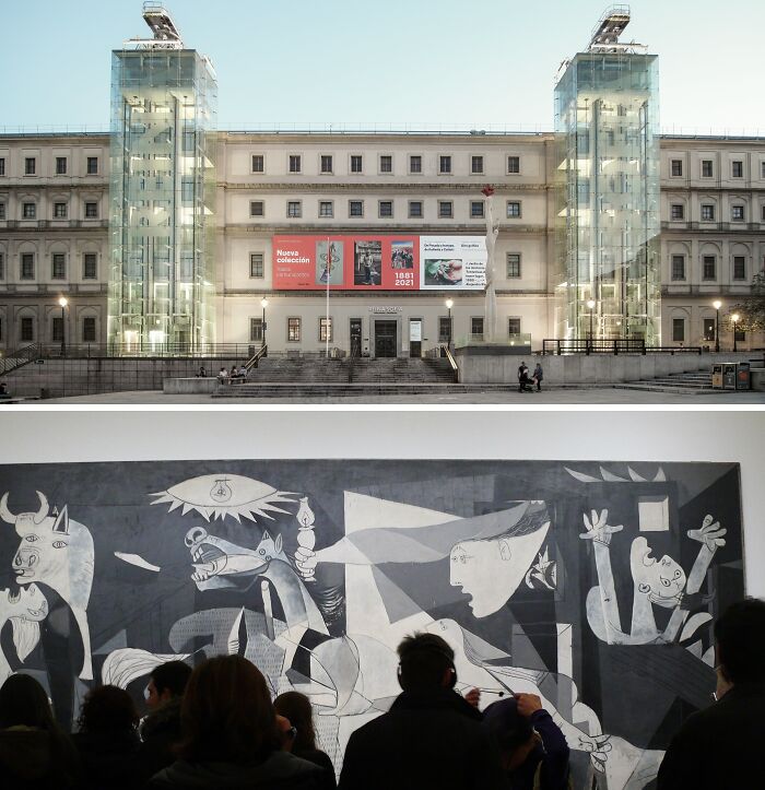 Modern art museum exterior with glass elevators and visitors viewing a famous painting among 39 locations of most famous paintings.