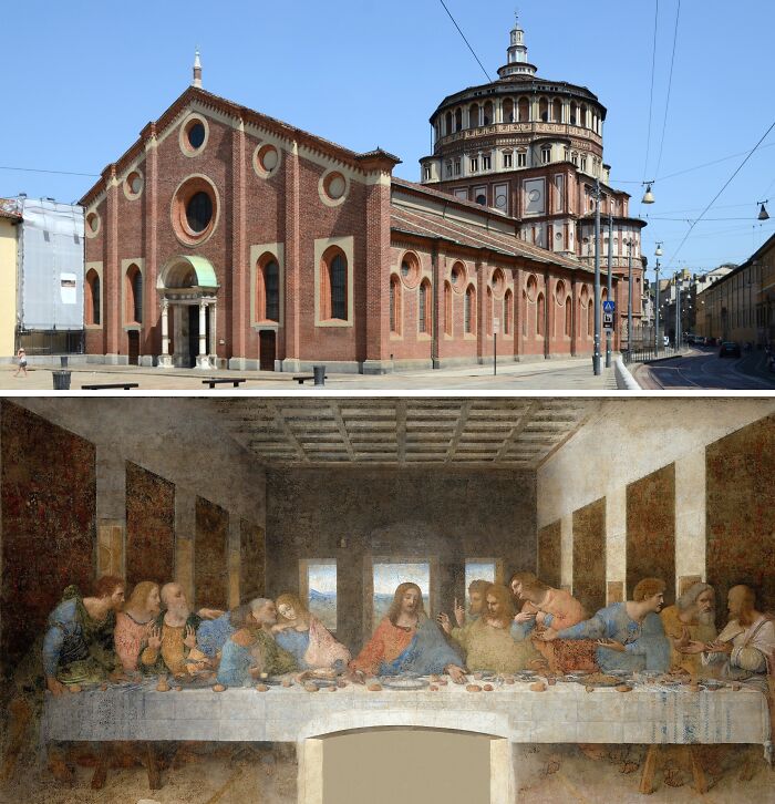 Church of Santa Maria delle Grazie exterior in Milan and the Last Supper painting, famous locations of paintings.