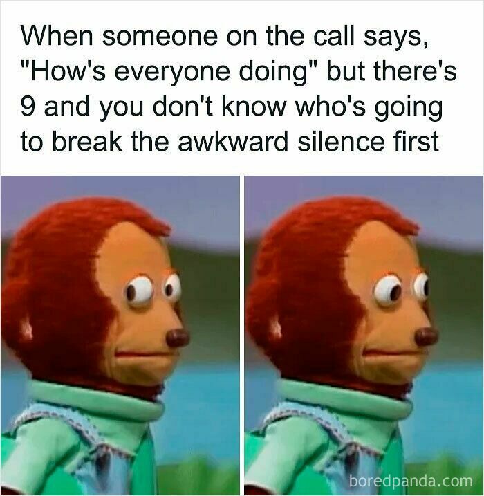 Awkward silence on video call depicted by side-eye monkey puppet meme from funny WFH memes about remote work.
