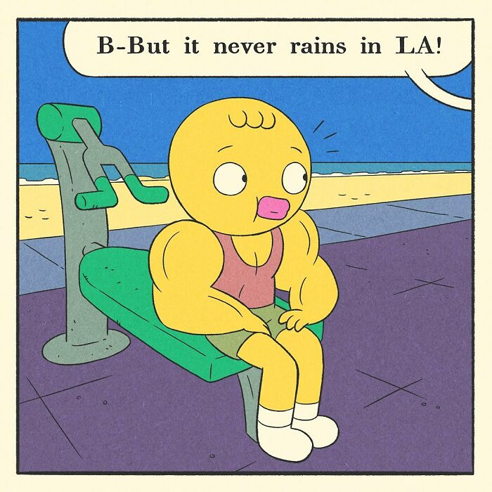 Bodybuilding duck with muscular arms sitting on a green gym bench by the beach with a surprised expression.