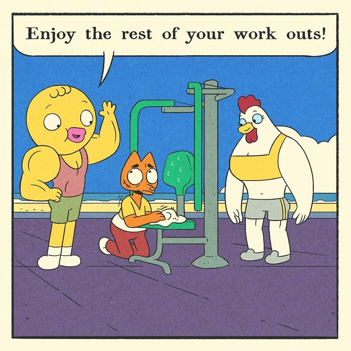 Comic panel showing a bodybuilding duck encouraging friends at the gym with a friendly and soft-hearted expression.