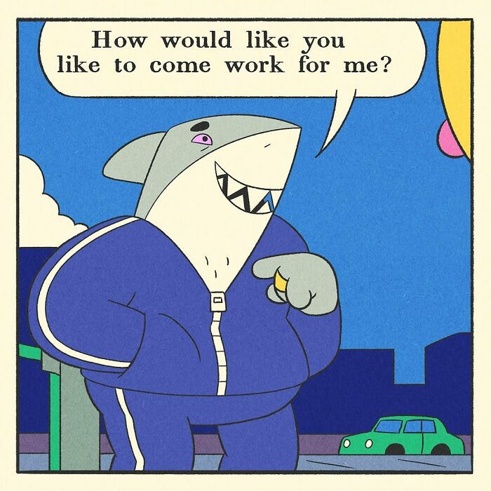 Muscular shark character in a blue tracksuit pointing, with speech bubble in a comic about a bodybuilding duck’s soft heart.
