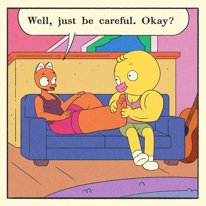 Bodybuilding duck with a soft heart gently holding a cat character’s foot on a blue couch in a colorful comic scene.