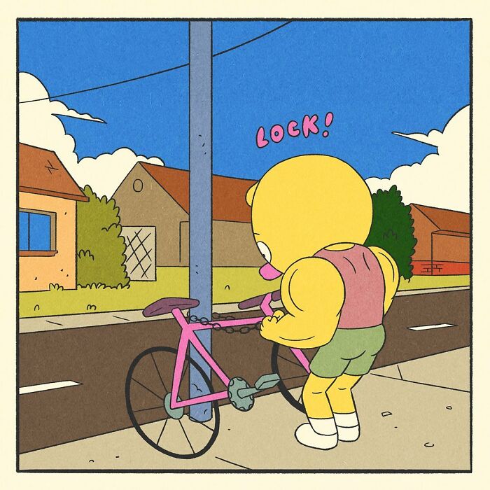 Bodybuilding duck locking a pink bicycle on a suburban street in a comic style with bright colors and clear sky background.