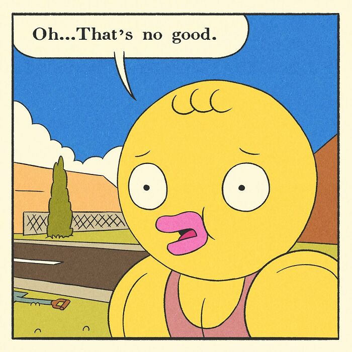 Bodybuilding duck cartoon character with a worried expression saying oh that's no good in a comic panel.