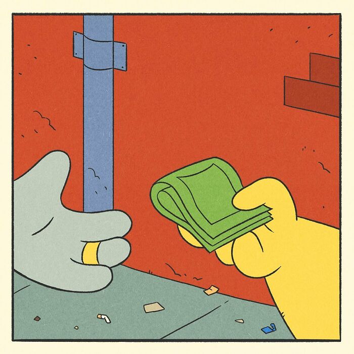 Hand holding cash offering money to another hand in a cartoon style comic about a bodybuilding duck.