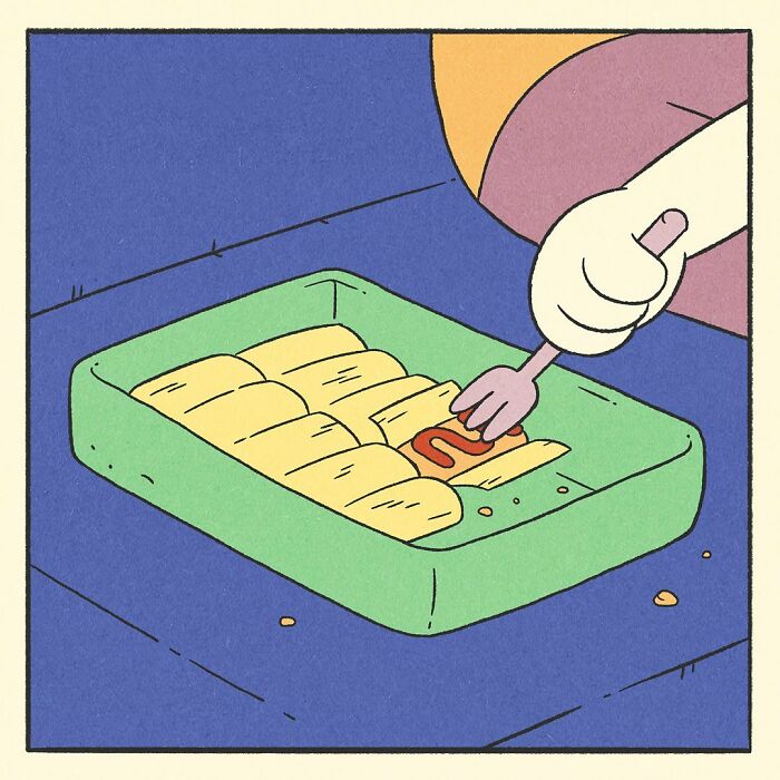 Close-up of a comic panel showing a hand with a fork reaching into a tray of food, related to bodybuilding duck artwork.