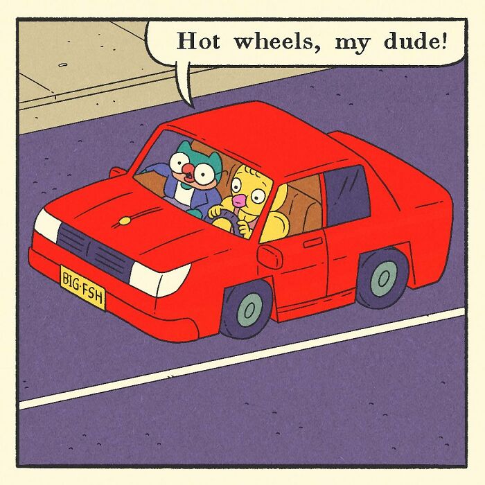 Comic panel featuring a bodybuilding duck driving a red car with a cat passenger, showcasing the character’s soft heart.