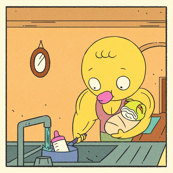 Muscular cartoon duck feeding a baby with a bottle, showing a mix of bodybuilding strength and soft heart in a comic style.