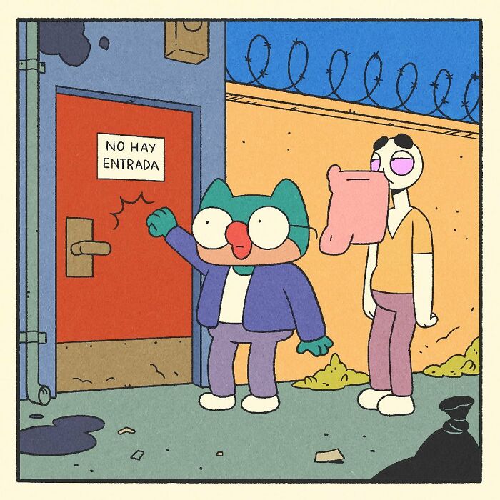 Cartoon comic featuring a bodybuilding duck character with a soft heart standing by a door with no entry sign.