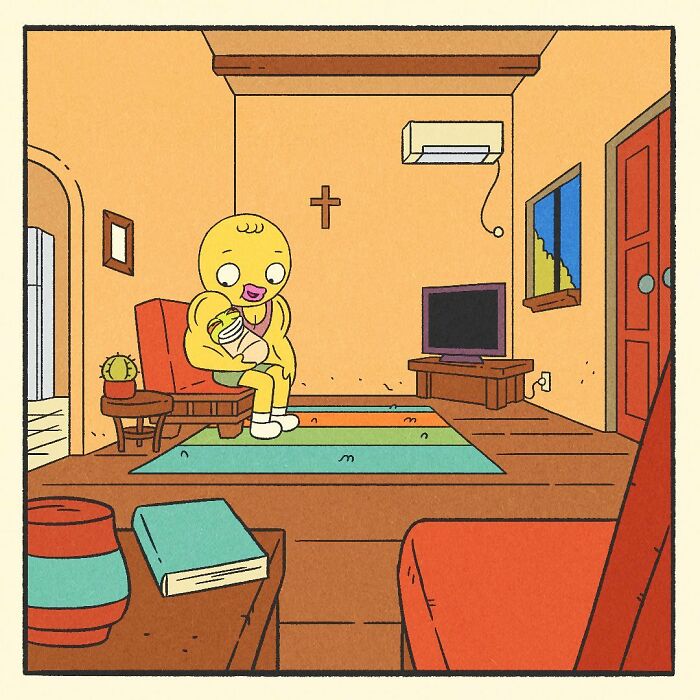 Comic illustration of a bodybuilding duck with a soft heart gently holding a small bird in a cozy living room.