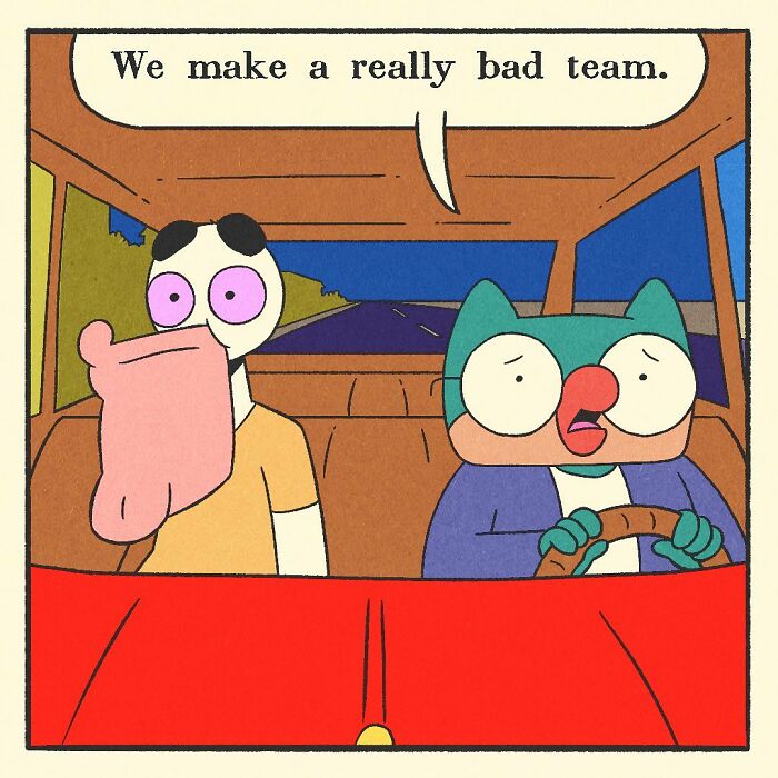 Bodybuilding duck with a soft heart and a worried cat character sitting in a car, expressing they make a bad team.