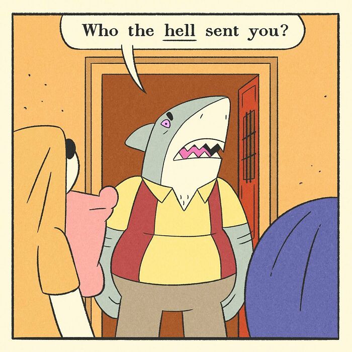 Comic panel showing an angry anthropomorphic shark confronting other characters in a colorful cartoon style.