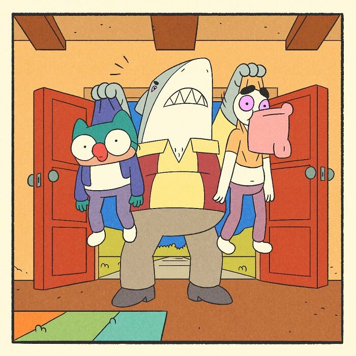 Comic illustration of a bodybuilding shark holding two cartoon characters, featuring a bodybuilding duck theme with a soft heart concept.