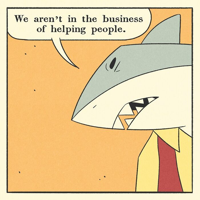Comic panel featuring a shark character saying a harsh line, part of a bodybuilding duck comic with a soft heart theme.