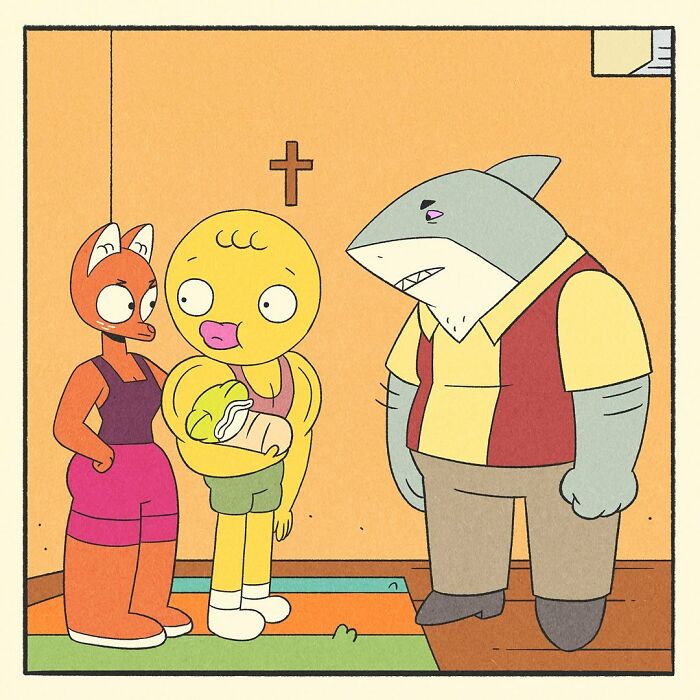Bodybuilding duck character holding a baby, standing between a fox and a shark in a comic-style illustration.