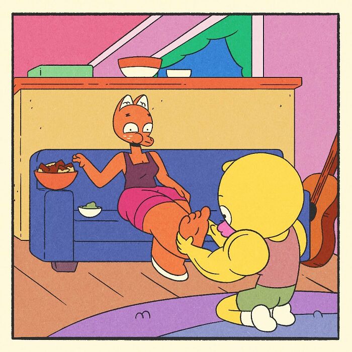 Muscular yellow duck gently massaging the foot of a relaxed fox character in a colorful comic scene.