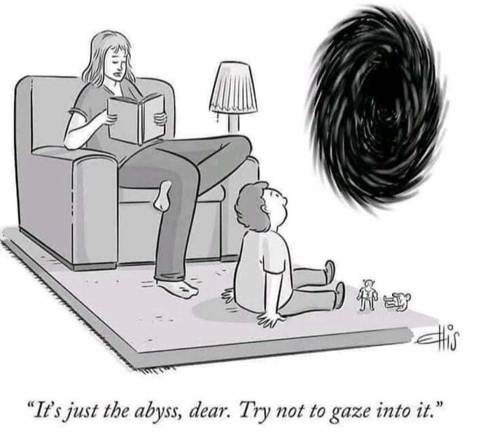 Woman reading to child near a swirling abyss, illustrating philosophical memes that make you laugh and think humorously.
