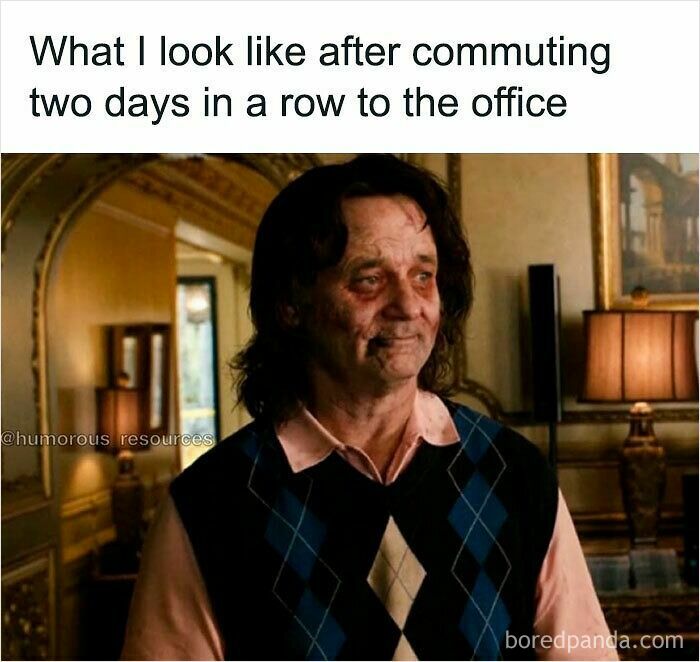 Man looking disheveled and tired after commuting two days in a row, illustrating funny WFH memes about working from home.