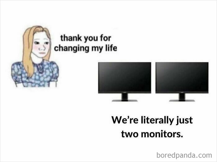 Cartoon woman thanking two computer monitors, humorous work from home meme about funny WFH memes and remote work setups.