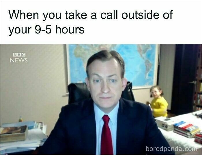 Man in a suit taking a call outside 9-5 hours during work from home with a child in the background, funny WFH memes concept.