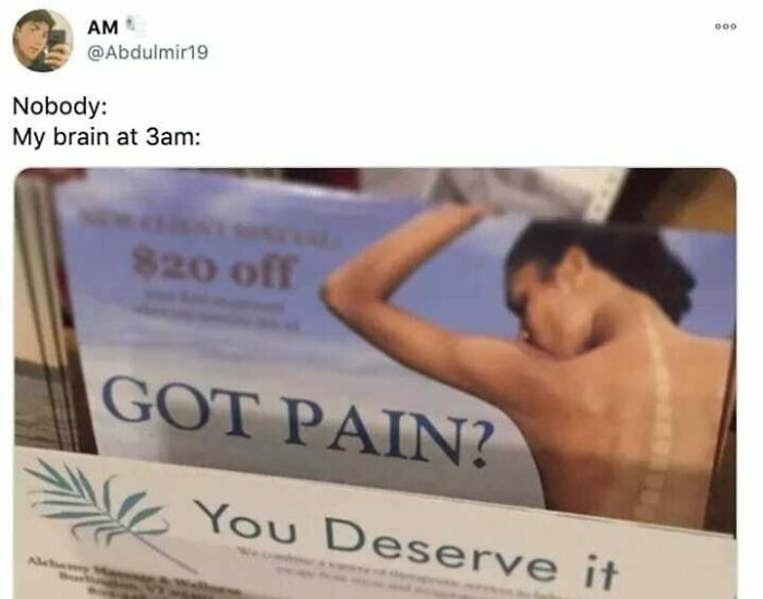 A philosophical meme showing a late-night thought with a pain relief ad, combining humor and deep thinking.