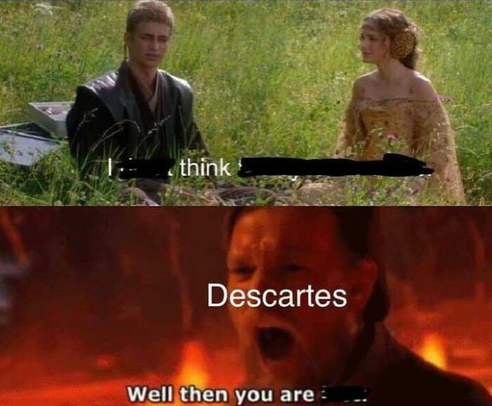 Two-panel philosophical meme referencing Descartes, with a humorous twist on the concept of thinking and being.