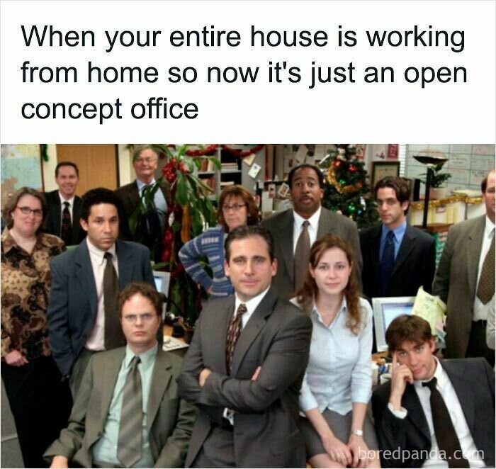 Group of office workers posing together with the caption about working from home and open concept office WFH memes.