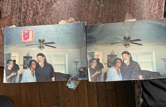 Two nearly identical photos taped side by side showing a real-life glitch in the matrix with slight differences.