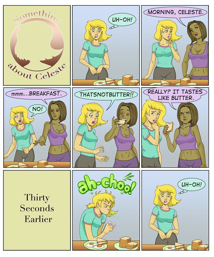Comic by Eric Salinas showing two women at breakfast, humorously confusing butter with something else before a sneeze moment.