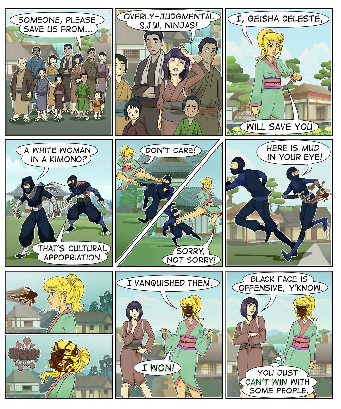 Comic panels by Eric Salinas showing humorous cultural conflicts with ninjas and geisha in relatable cartoon style.