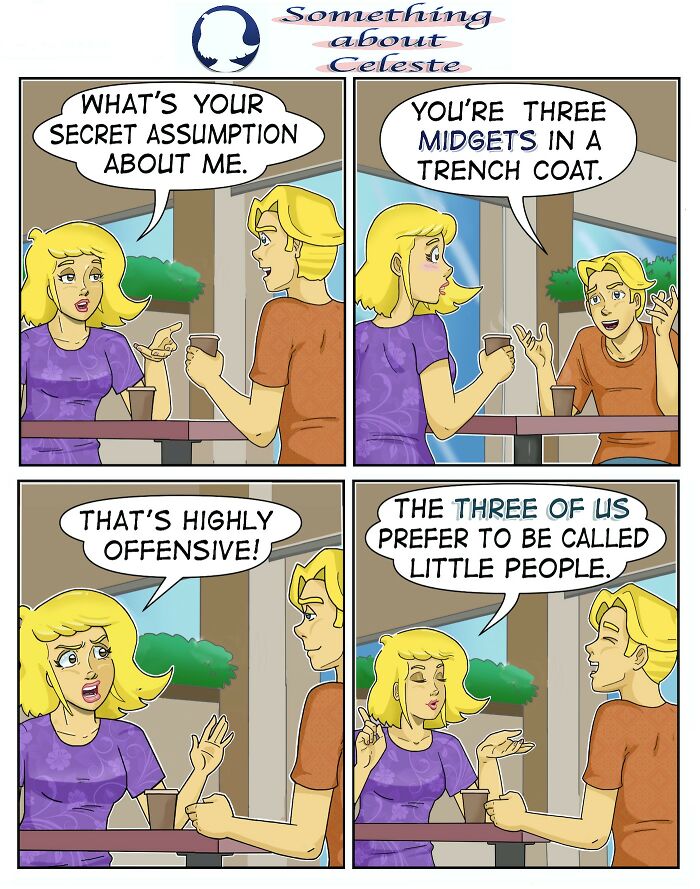 Comic strip by Eric Salinas showing a humorous conversation about assumptions and relatable social topics.