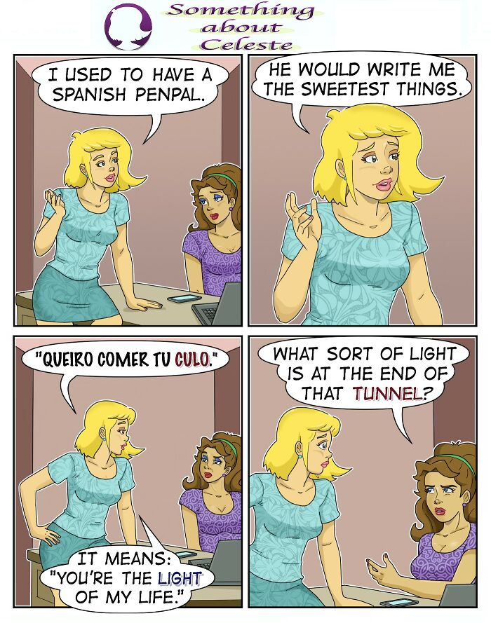 Comic by Eric Salinas depicting a humorous exchange about a Spanish penpal’s misunderstood message.