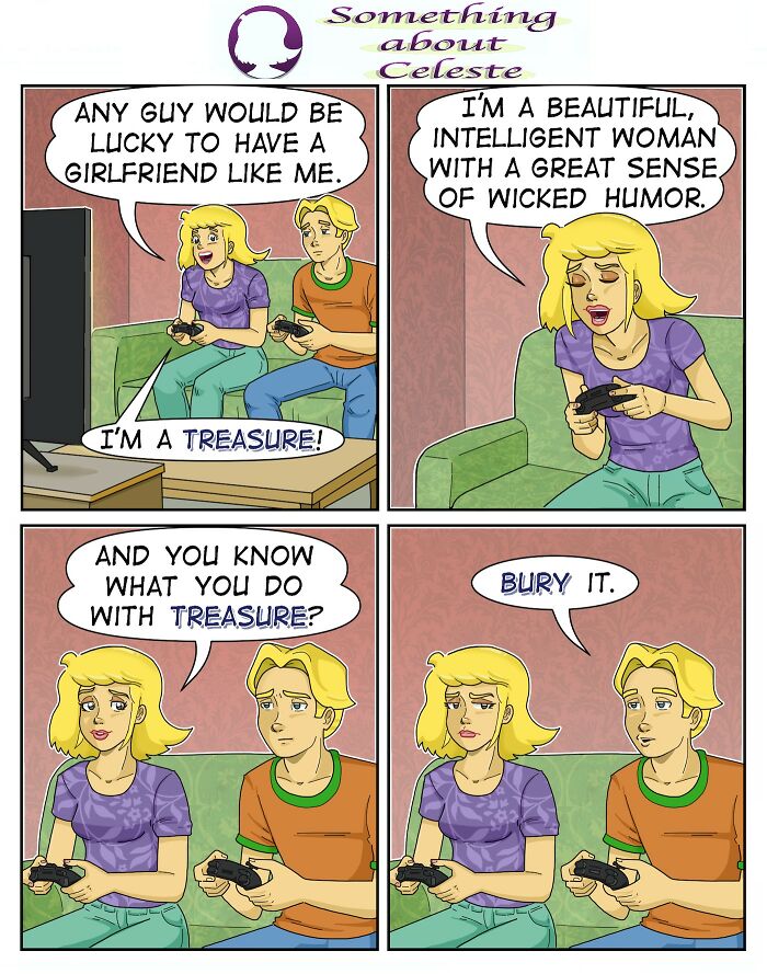Comic by Eric Salinas showing a couple playing video games with a humorous, relatable dialogue about treasure.