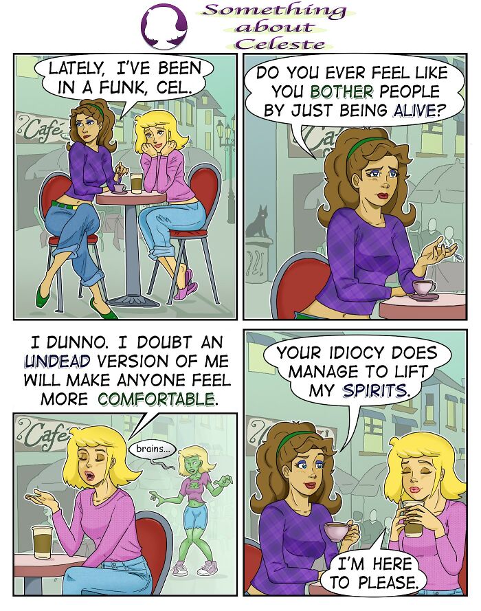 Comic strip by Eric Salinas featuring two women in a café discussing relatable feelings with humor and comic relief.