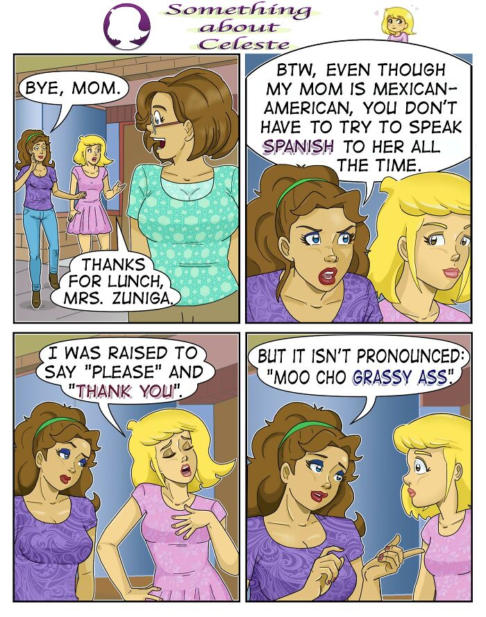 Comic strip by Eric Salinas featuring relatable, humorous dialogue about cultural language mix-ups in everyday life.