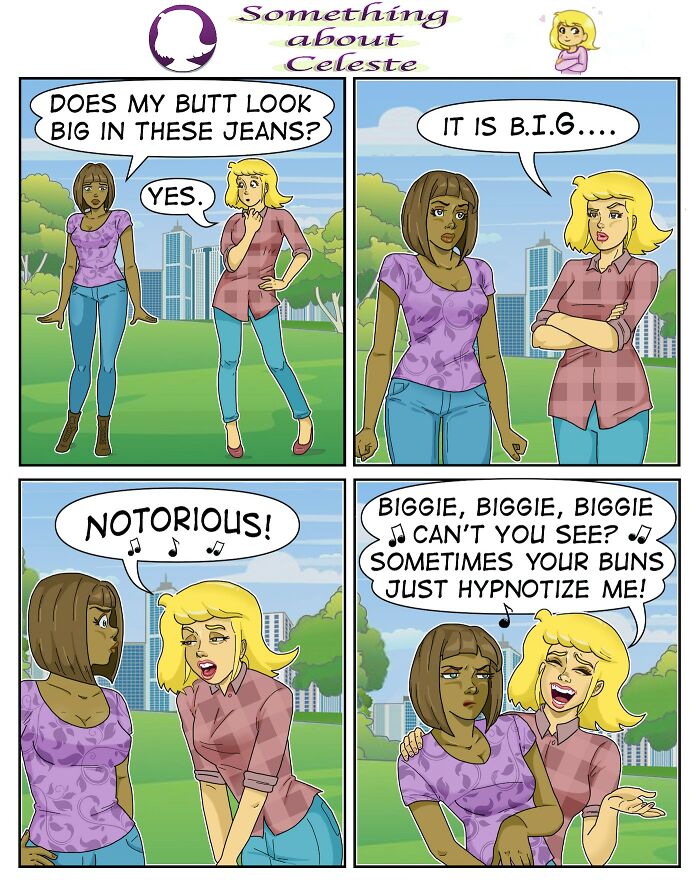 Comic strip by Eric Salinas featuring two women talking humorously about body image and jeans in a park setting.